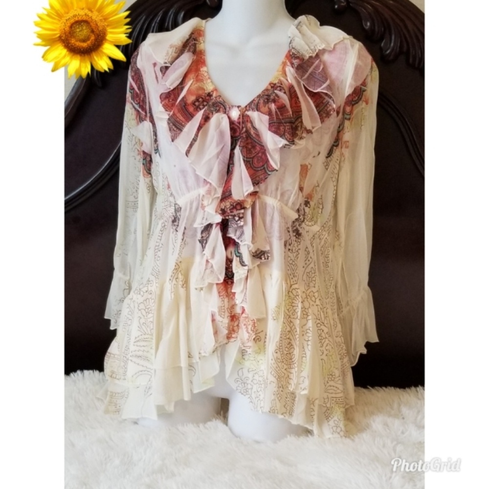 DB Sport Ruffled Beige Bohemian Top Size S